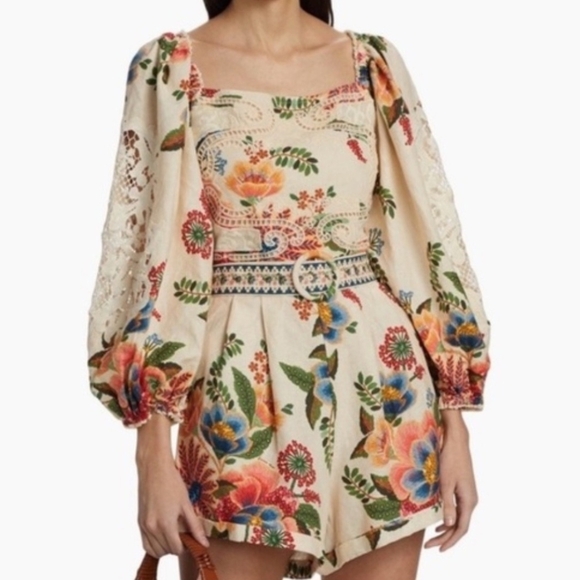 FARM Rio Multicolor Floral Romper with Lace Details